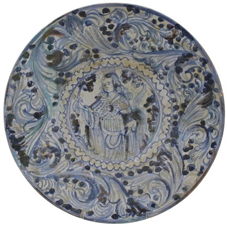 Piatto Antica maiolica con decoro centrale raffigurante santa e motivi...