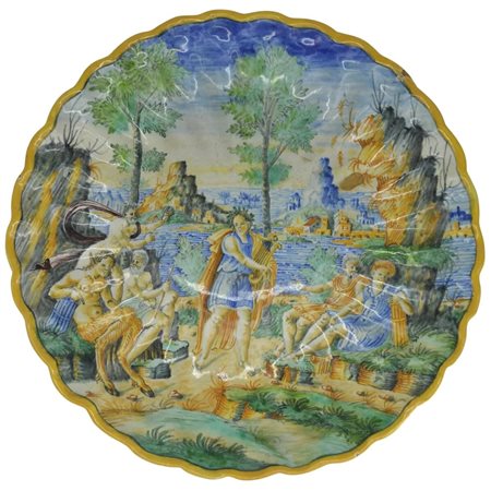 Crespina Antica maiolica con decoro frontale di paesaggio con figure e motivi...