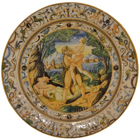 Grande piatto Antica maiolica policroma con scena raffigurante "Le fatiche di...