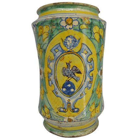 Grande cilindro Antica maiolica con decoro frontale di stemma gentilizio e...