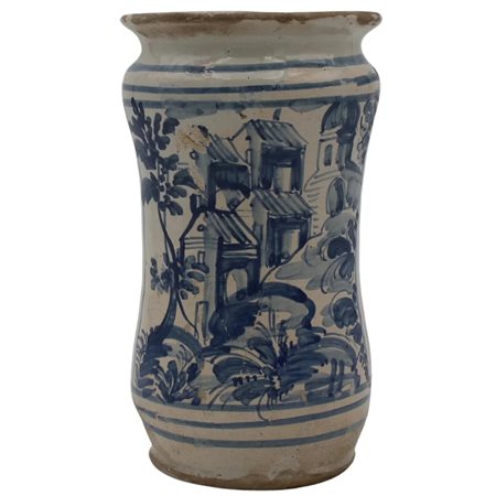 Albarello Antica maiolica con decoro frontale raffigurante paesaggio e...