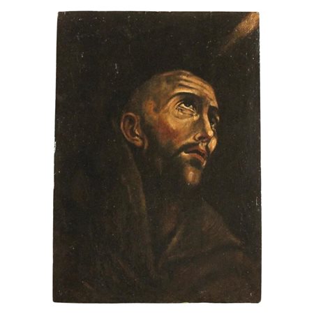Scuola spagnola del secolo XVII "San Francesco in estasi" Dipinto ad olio su...