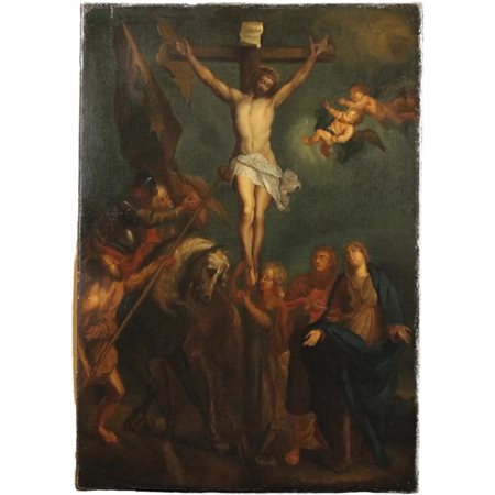 Scuola italiana della fine del secolo XVII "Crocifissione" Dipinto ad olio su...