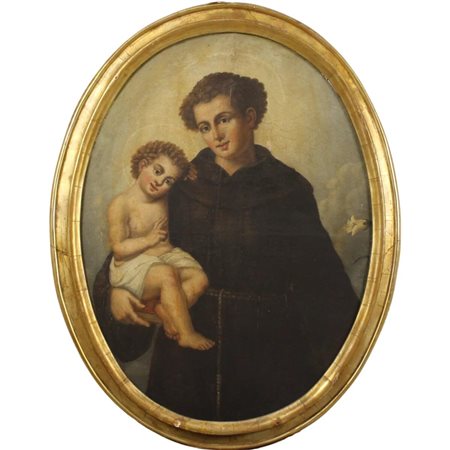 Scuola siciliana del secolo XVIII "Sant'Antonio con il Bambino" Dipinto ovale...