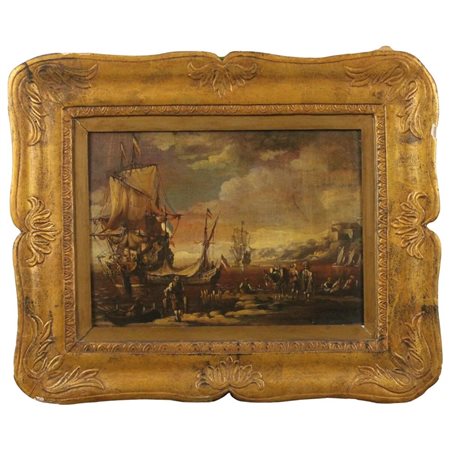 Pittore italiano della fine del secolo XVIII "Velieri e soldati" Dipinto ad...