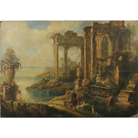 Pittore italiano del secolo XVIII "Paesaggio con architetture e figure"...
