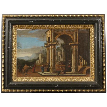 Ascanio Luciani (1621/1706) "Capriccio architettonico con figure" Olio su...