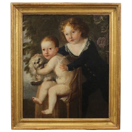 Scuola francese della fine del secolo XVIII "Bambini con cagnolino" Dipinto...