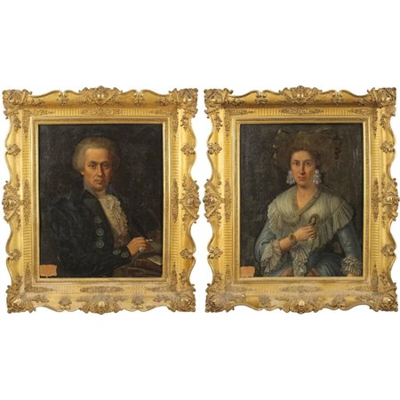 Scuola napoletana della fine del secolo XVII "Figure di nobili" Coppia di...
