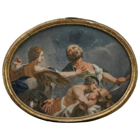 Vito D'Anna (1718/1769) (attr.) "Il scrificio di Isacco" Dipinto ovale ad...