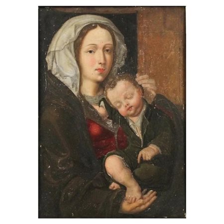 Scuola di Joos Van Cleve "Madonna con Bambino dormiente" Dipinto ad olio su...