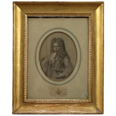 Figura di nobiluomo Incisione su carta in cornice in legno dorato e inciso....