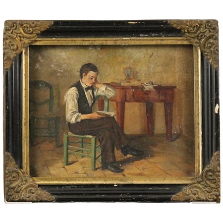 Nicolò Giannone (1848/1915) (attr.) "Giovinetto che legge" Dipinto ad olio su...