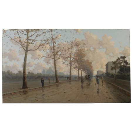 Aurelio Catti (1895/1966) "Scorcio di città con figure e carrozze" Dipinto ad...