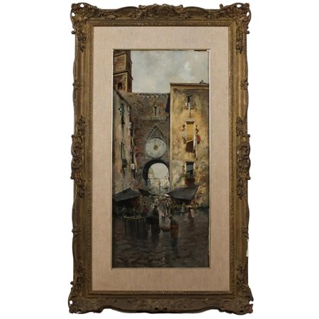 Oscar Ricciardi (1864/1935) "Scena di mercato" Dipinto ad olio su tela in...