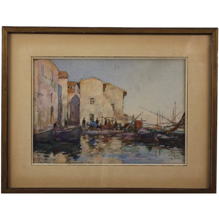 Pietro De Francisco (1873/1969) "Veduta del porto di Martingue" Acquerello su...