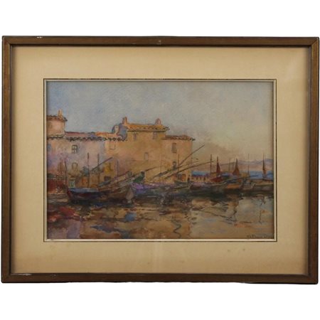Pietro De Francisco (1873/1969) "Porto con barche di pescatori" Acquerello su...
