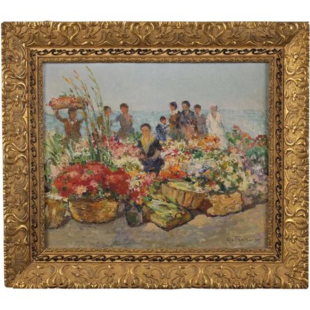 Pietro De Francisco (1873/1969) "Mercato dei fiori" Dipinto ad olio su tela...