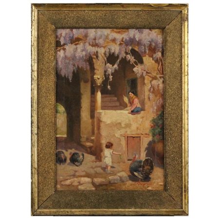 Salvatore Gregorietti (1870/1952) "Nel cortile" Dipinto ad olio su tela in...