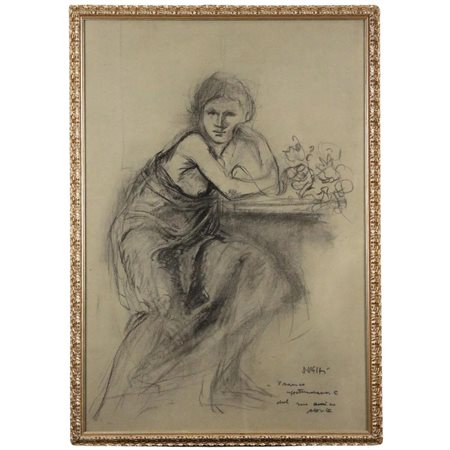 Figura di donna Grande disegno su carta in cornice. Firmato. Cm 96x66