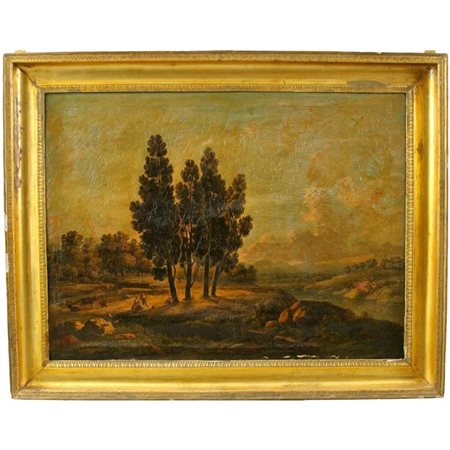 "Grande paesaggio con figure e armenti" Dipinto ad olio su tela in cornice in...