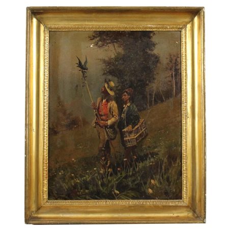 Pittore napoletana della fine del secolo XIX "Cacciatori" Dipinto ad oli su...