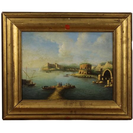 Scuola italiana della fine del secolo XIX "Paesaggio cittadino sul mare"...