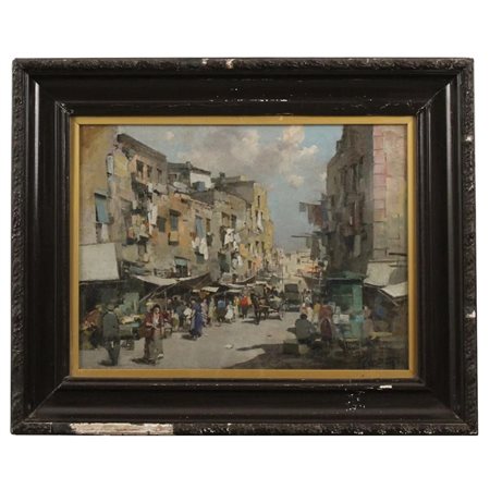 "Scena di mercato napoletano" Dipinto ad olio su tela in cornice in legno...