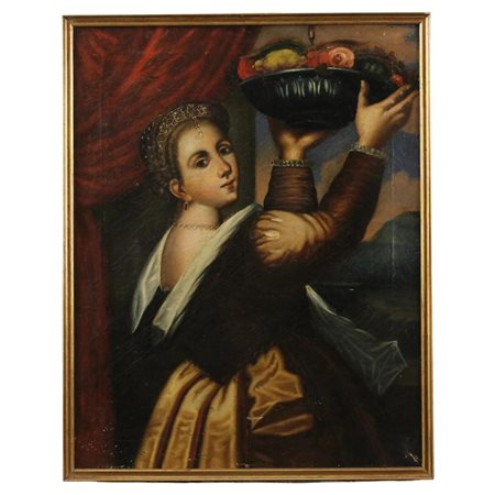 Scuola veneta del secolo XIX "Portatrice di frutta" Dipinto ad olio su tela...