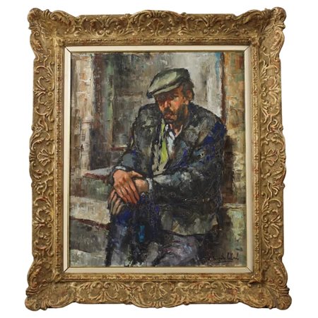 "Uomo con cappello" Dipinto ad olio su tela in cornice in legno dorato. Firma...