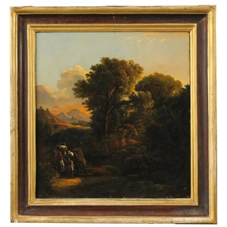 Scuola italiana del secolo XIX "Paesaggio con figure" Dipinto ad olio su tela...
