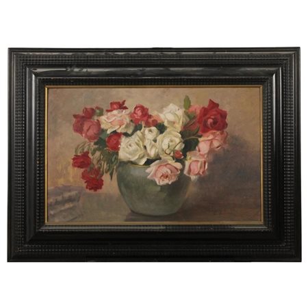 "Natura morta di fiori" Dipinto ad olio su cartone in cornice in legno...