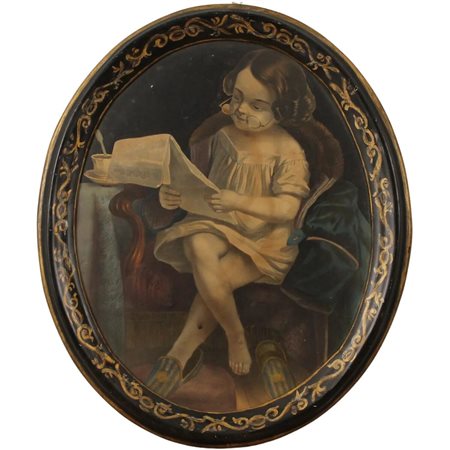 "Bimba che legge" Stampa acquerellata con cornice in legno dipinto a motivi...