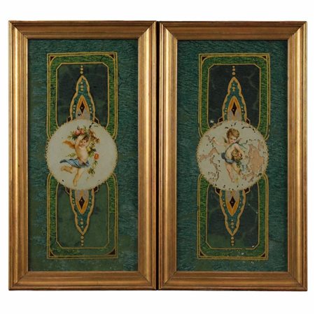Scuola francese della fine del secolo XIX "Putti" Coppia di dipinti ad olio...