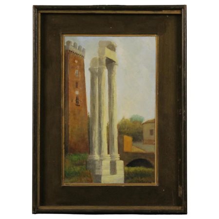 "Veduta romana" Olio su cartone. Firmato e datato. Cm 30x20