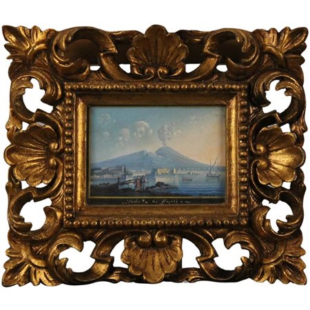 "Veduta di Napoli" Gouache su carta in cornice in legno dorato. Cm 13,5x18