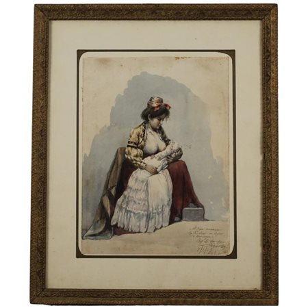 "Maternità" Acquerello su carta in cornice. Dedicato e datato. Cm 42x31,5