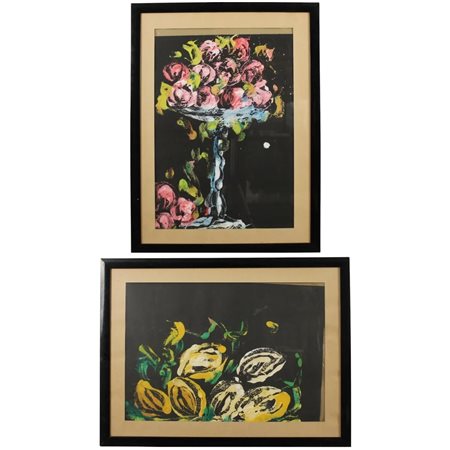 Due nature morte Tecniche miste su carta in cornice. Firmate. Cm 47x67