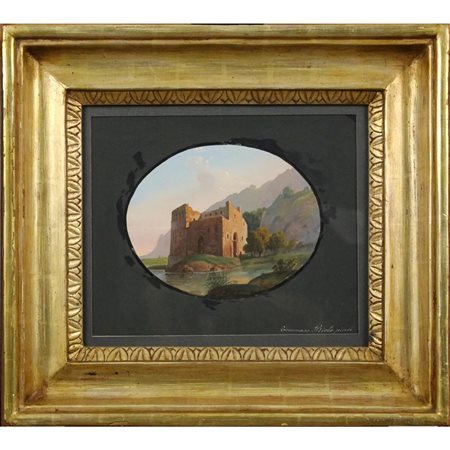 Tommaso Riolo (1772/1837) (attr.) "Paesaggio sul lago con rudere" Gouche...