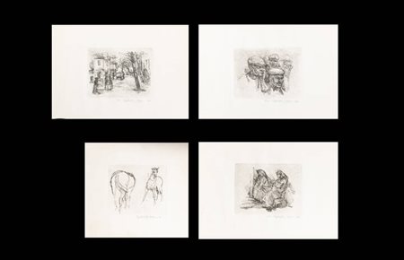 MASSIMO QUAGLINO<BR>Refrancore (AT) 1899 - 1982 Torino<BR>Lotto di quattro incisioni:<BR>A) "Le comari"<BR>B) "Cavalli"<BR>C) "Paesaggio urbano"<BR>D) "Figure"