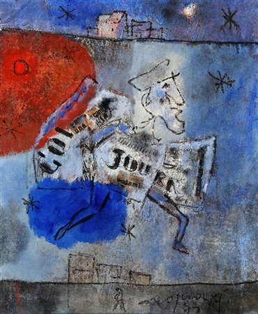 FRANCO ROGNONI, 1913 - 1999, Strillone, 1972, Olio e collage su tela, cm. 55...