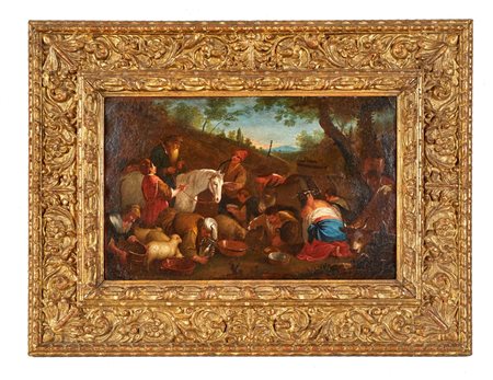 Jacopo Bassano (seguace di) (Bassano del Grappa, 1515 - Bassano del Grappa, 1592) "Miracolo delle acque di Mara"  Olio su tavola Cm 28,5x45,5