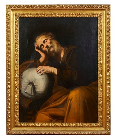 Massimo Stanzione (attribuito a) (Frattamaggiore, 1585 - Napoli, 1656) “Il sogno di Giuseppe” Olio su tela Cm 100x75