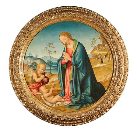 Botticini Raffaello (Firenze, 1477 - Firenze, 1520) "Adorazione del Bambino con san Giovannino" Tempera grassa su tavola Cm 71ø
