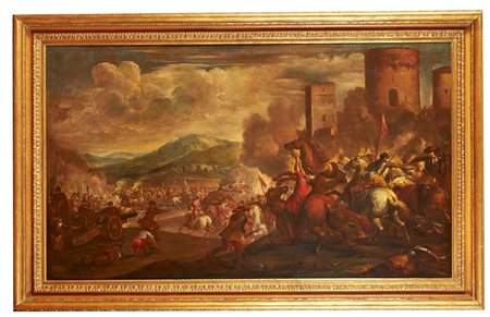 Antonio Calza (ambito di) (Verona, 1658 - Verona, 1725) “Scena di Battaglia” Olio su tela Cm 94x160