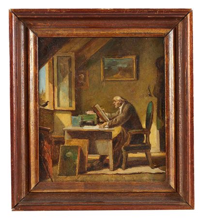 Carl Spitzweg (cerchia di) (Monaco di Baviera , 1808 - Monaco di Baviera , 1885) "Scene d'interno" Olio su tavola Cm rispettivamente 22x19; 24x18
