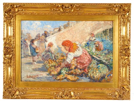 Leonardo  Bazzaro (Milano, 1853 - Milano, 1937) "Venditrice di zucche" Olio su tela Cm 40x60