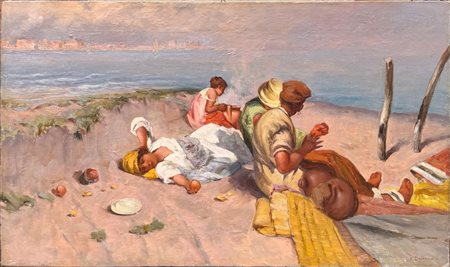 Dalbono Eduardo (Napoli, 1841 - Napoli, 1915) “Sosta di pescatori” Olio su tela Cm 43x73