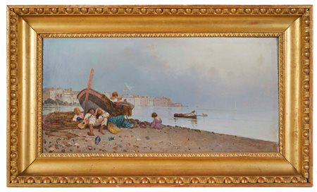 Dalbono Eduardo (Napoli, 1841 - Napoli, 1915) "Riposo sulla spiaggia" Olio su tela Cm 30,5x62