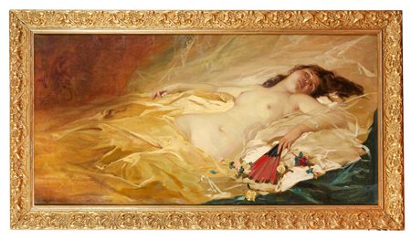 Rodolfo Morgari (Torino, 1827 - 1909) La bella addormentata Olio su tela Cm 76x151